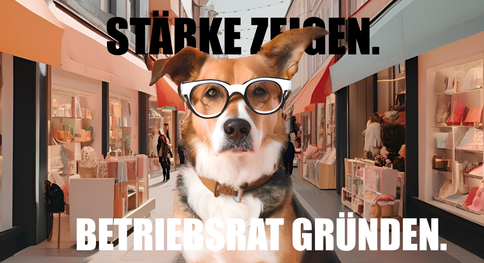 Ein Hund mit einer Brille in einem Einkaufszentrum. Oben steht "Stärke Zeigen.", unten "Betriebsrat gründen"